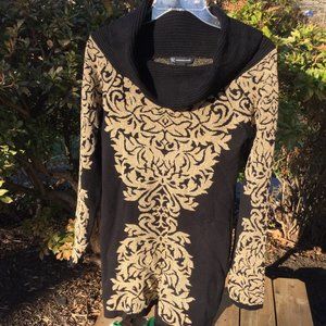 INC Gold-Metallic Floral Print Cowl Neck Sweater Tunic-S